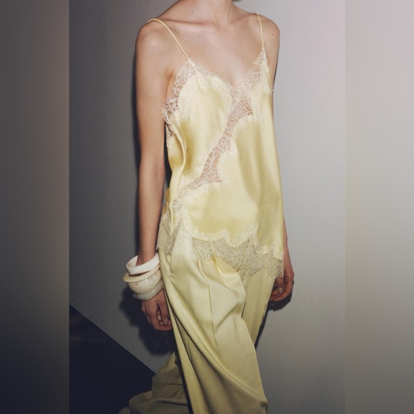 Zara Lace-Trim Satin Cami Top in Pale Butter Yellow - Picture 5 of 8
